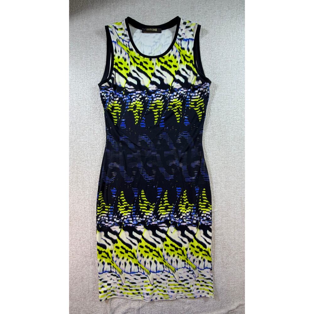 Roberto Cavalli Women 6 Black Yellow Optical Print Tank Dress Designer Fit